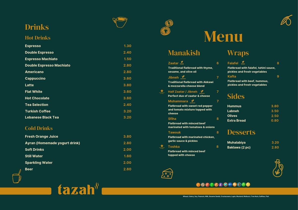 Menu do restaurante da TAZAH: bebidas, manakish, wraps, acompanhamentos e sobremesas